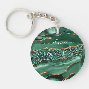 Green Gold Glitter Marble Custom Name Keychain