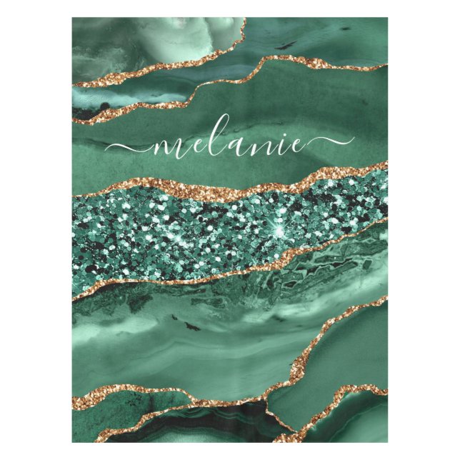 Green Gold Glitter Marble Custom Name Tablecloth (Front)
