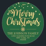 Green Gold Glitter Merry Christmas Address Classic Round Sticker<br><div class="desc">Lovely personalized calligraphy script Merry Christmas Holiday return address stickers to add to your envelopes,  greeting cards and/or gifts.  GREEN background (can be changed to any colour) colour with faux gold glitter confetti and snowflake.  Perfect for any holiday occasion. Editable template labels.</div>