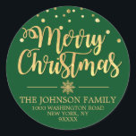 Green Gold Glitter Merry Christmas Address Classic Round Sticker<br><div class="desc">Lovely personalized calligraphy script Merry Christmas Holiday return address stickers to add to your envelopes,  greeting cards and/or gifts.  GREEN background (can be changed to any colour) colour with faux gold glitter confetti and snowflake.  Perfect for any holiday occasion. Editable template labels.</div>