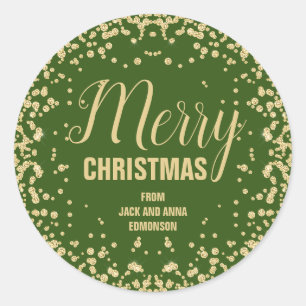 Green Gold Glitter Merry Christmas Classic Round Sticker
