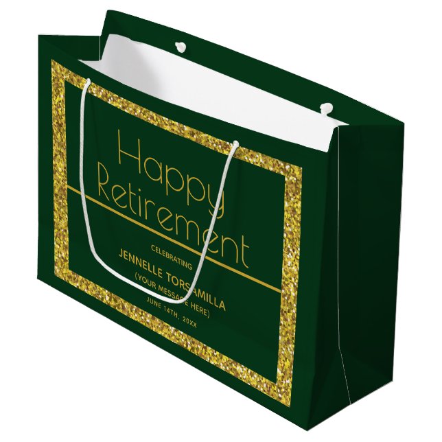 Green Gold Glitter Retirement Party Large Gift Bag (Front Angled)