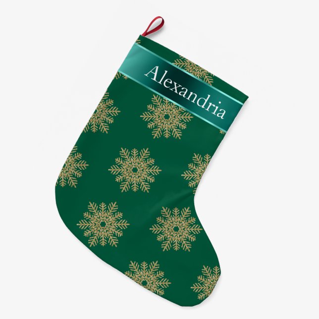 Green Gold Glitter Snowflakes Christmas Name Large Christmas Stocking (Front (Hanging))