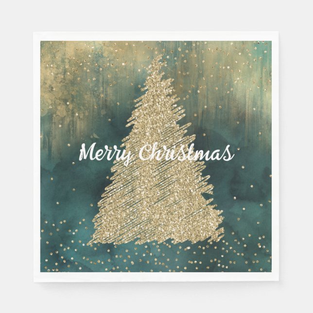 Green Gold Glitter Sparkle Christmas Tree    Napkin (Front)