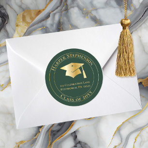 Green Gold Grad Cap Class of 2026 Return Address Classic Round Sticker