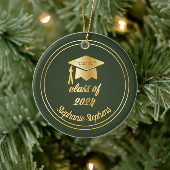 Green Gold Graduate Cap Graduation 2024 Photo  Ceramic Ornament (Tree)
