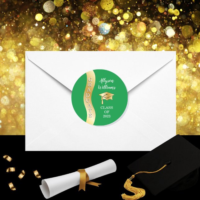 Green | Gold Graduate Wave Grad Cap Classic Round Sticker (Creator Uploaded)