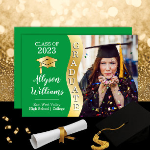 Green Gold Graduate Wave Grad Cap Photo Announcement