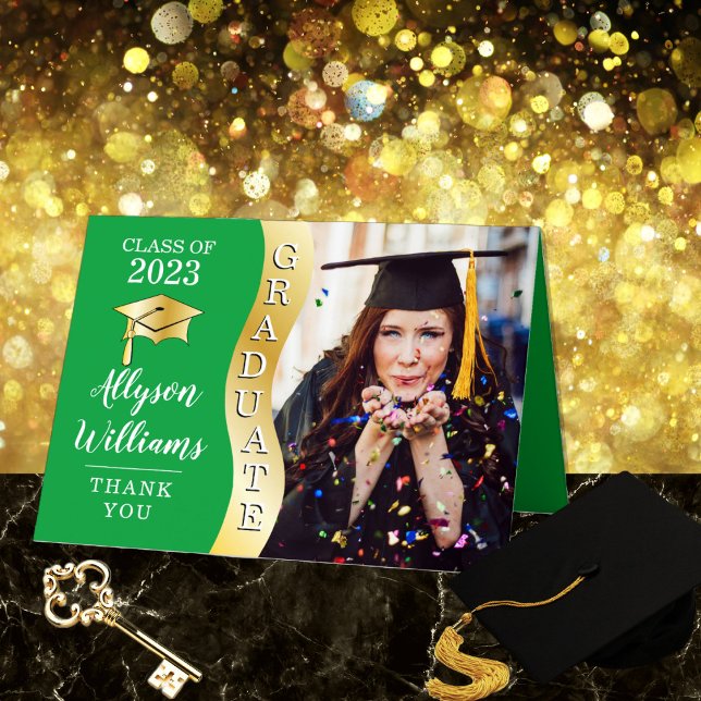 Green | Gold Graduate Wave Grad Cap Photo Thank You Card (Creator Uploaded)