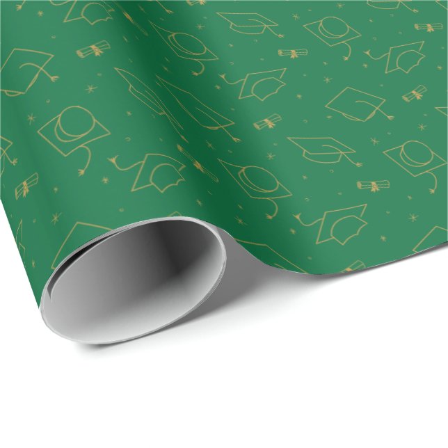 Green & Gold Graduation Cap Toss Wrapping Paper (Roll Corner)