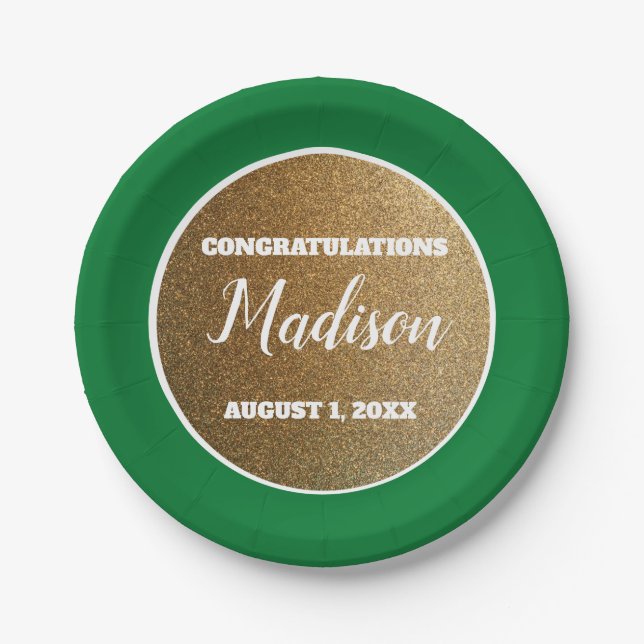 Green Gold Graduation College Trunk Party Paper Plate (Front)