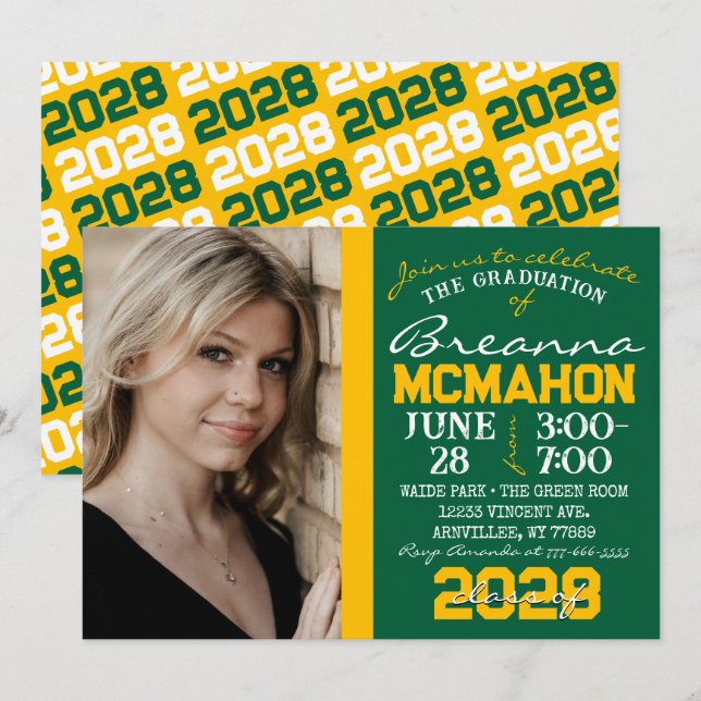 Green & Gold Graduation Photo Invitation (Front/Back)