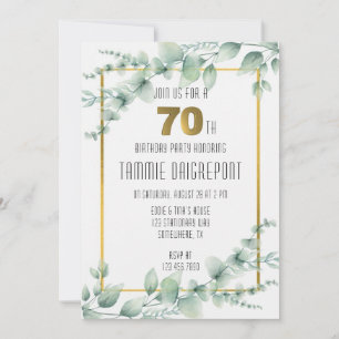 Green Gold Greenery Eucalyptus 70th Birthday Party Invitation