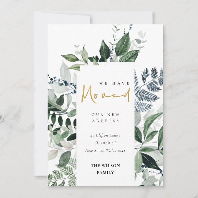 Green Gold Greenery Frame We have Moved Card (Front)