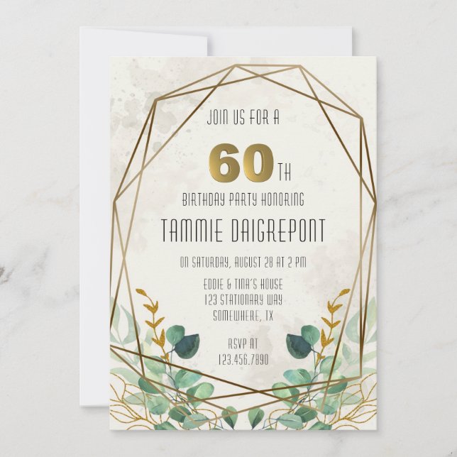 Green Gold Greenery Geometric 60th Birthday Party Invitation (Front)