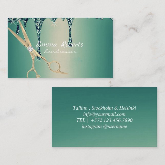 Green Gold Hairdresser Gradient Glitter Modern Business Card (Front/Back)