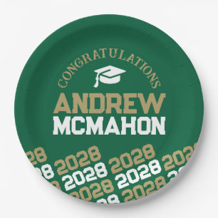Green & Gold Half Repeat Grad Personalized Paper Plate