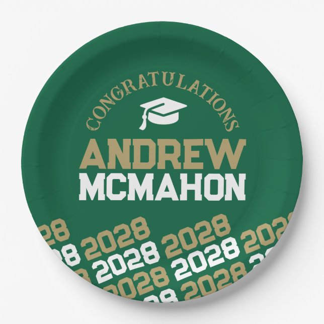 Green & Gold Half Repeat Grad Personalized Paper Plate (Front)