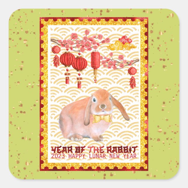 Green Gold Happy Lunar New Year of the Rabbit Square Sticker (Front)