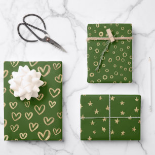 Green Gold Hearts Stars Circles Random Patterns Wrapping Paper Sheet