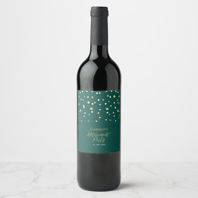 Green & Gold Hexagon Confetti Retirement Party Wine Label (Front)