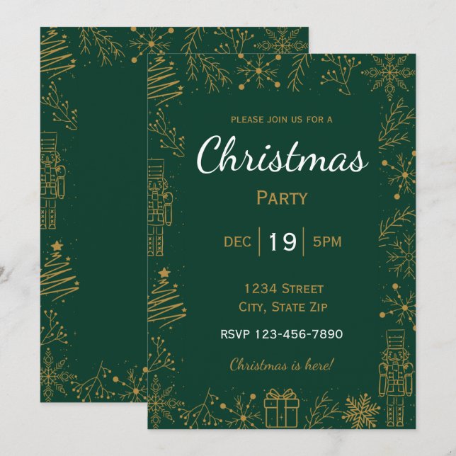 Green & Gold Holiday Invitation | Modern Glam Xmas (Front/Back)