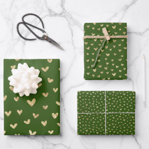 Green Gold Holiday Love Hearts Pattern Wrapping Paper Sheet