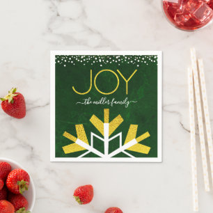 Green Gold Holiday Snowflake Joy Modern Typography Napkin