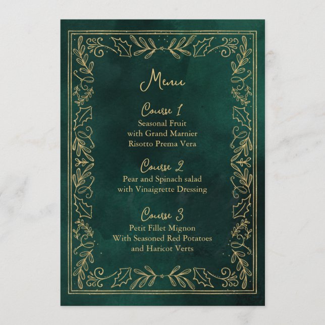 Green Gold Holly Berry Christmas Wedding  Menu (Front)