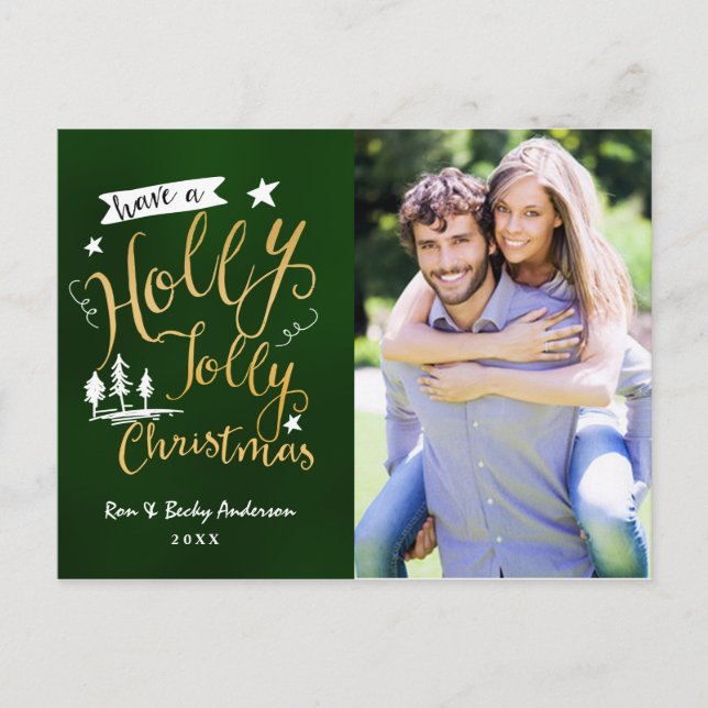 Green & Gold HOLLY JOLLY CHRISTMAS Photo Card (Front)