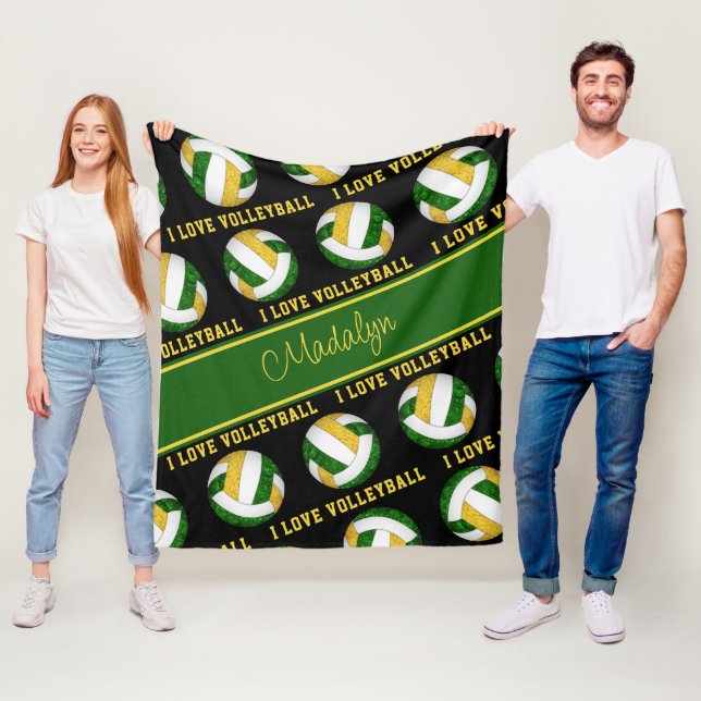 green gold I love volleyball text phrase Fleece Blanket (In Situ)