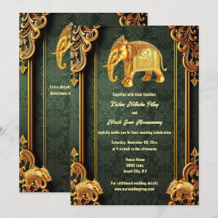 Green gold Indian elephants floral brocade Hindi  Invitation