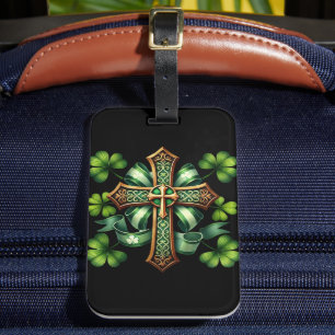 GREEN & GOLD IRISH CELTIC CROSS & RIBBONS LUGGAGE TAG