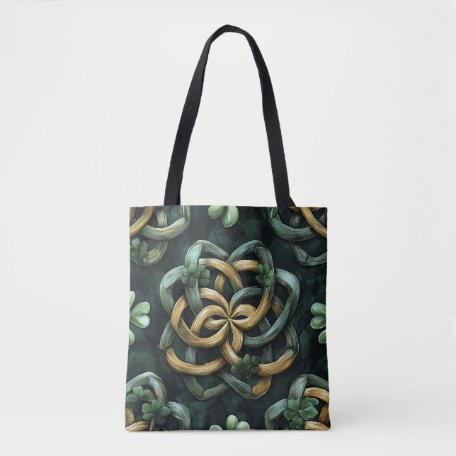 GREEN & GOLD IRISH CELTIC KNOT PATTERNS TOTE BAG (Front)