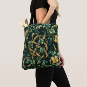 GREEN & GOLD IRISH CELTIC KNOT PATTERNS TOTE BAG