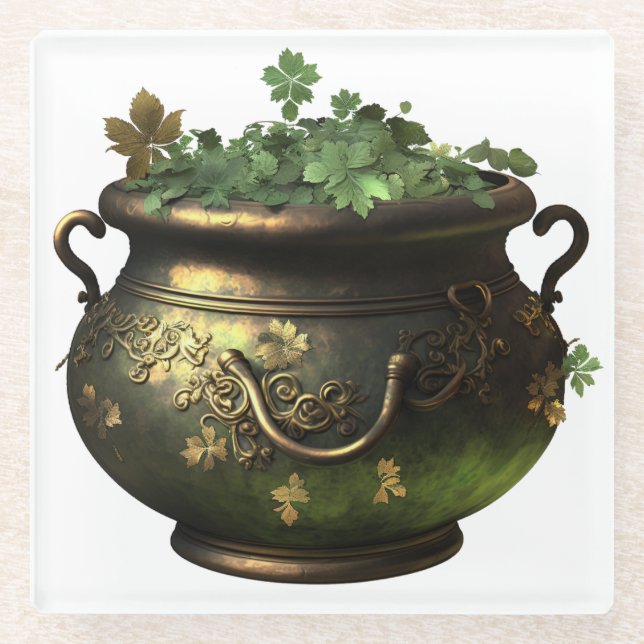 GREEN & GOLD IRISH POT OF SHAMROCKS & VINES GLASS COASTER (Front)
