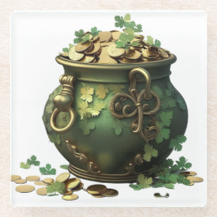 GREEN & GOLD IRISH POT OF SHAMROCKS & VINES GLASS COASTER