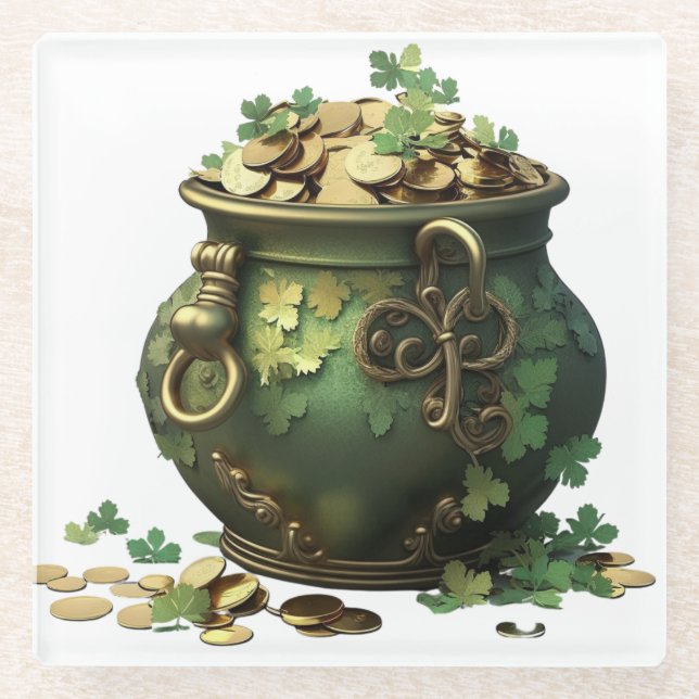 GREEN & GOLD IRISH POT OF SHAMROCKS & VINES GLASS COASTER (Front)