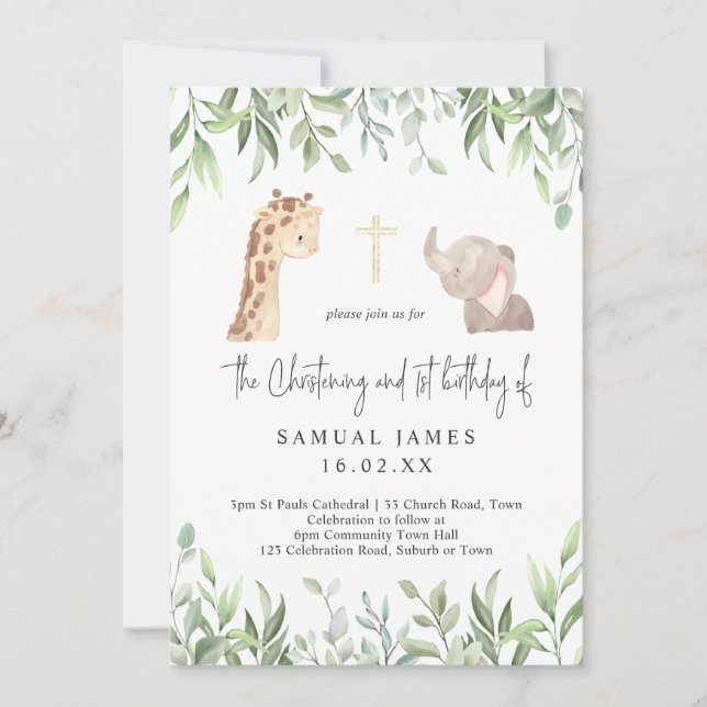 Green & Gold Jungle Christening & 1st Birthday Invitation (Front)