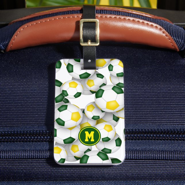 green gold kids soccer balls pattern  luggage tag (Front Insitu 2)