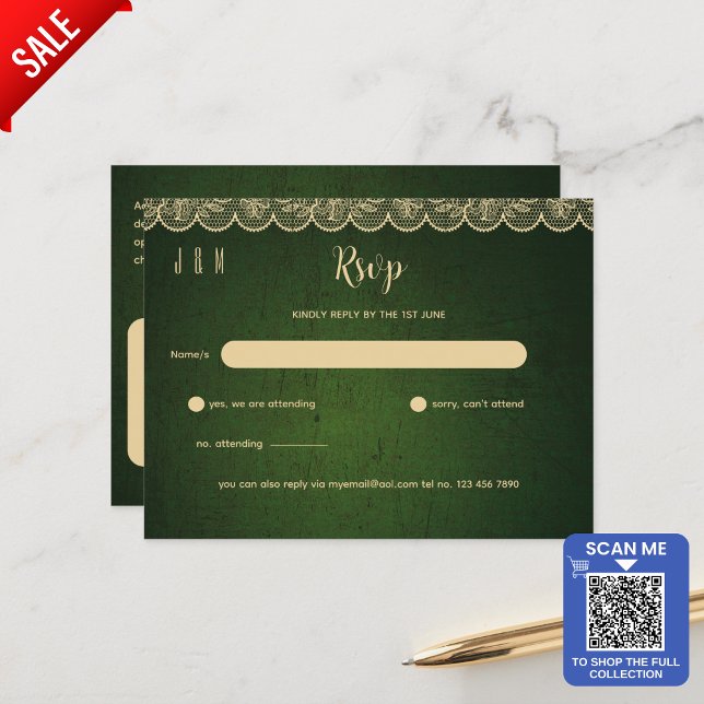 Green Gold Lace Wedding RSVP For Matching Inv Postcard (Creator Uploaded)