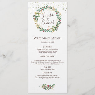 Green Gold Leaves Red Berry Wedding Menu
