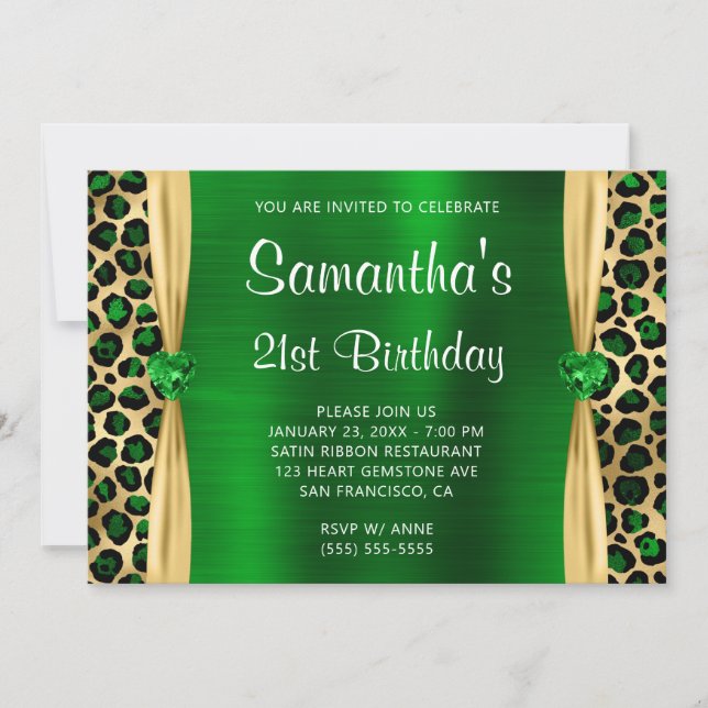 Green Gold Leopard Foil Gem Heart 21st Birthday Invitation (Front)