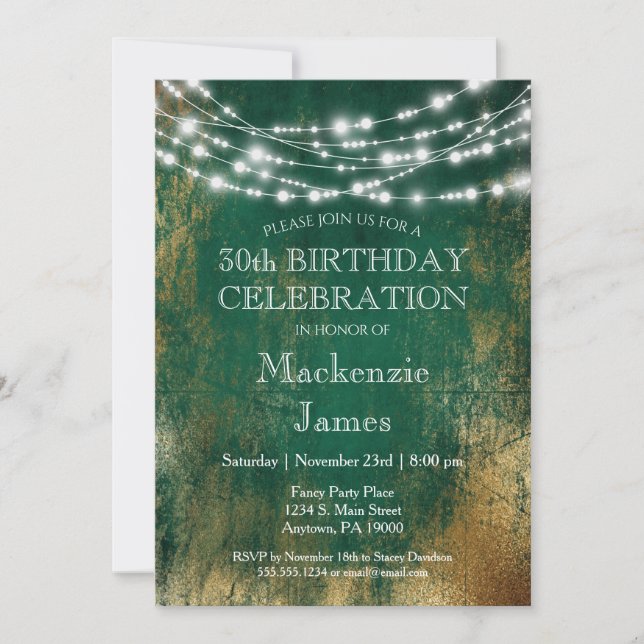 Green Gold Lights Anniversaire Fête Invitation Adu (Devant)