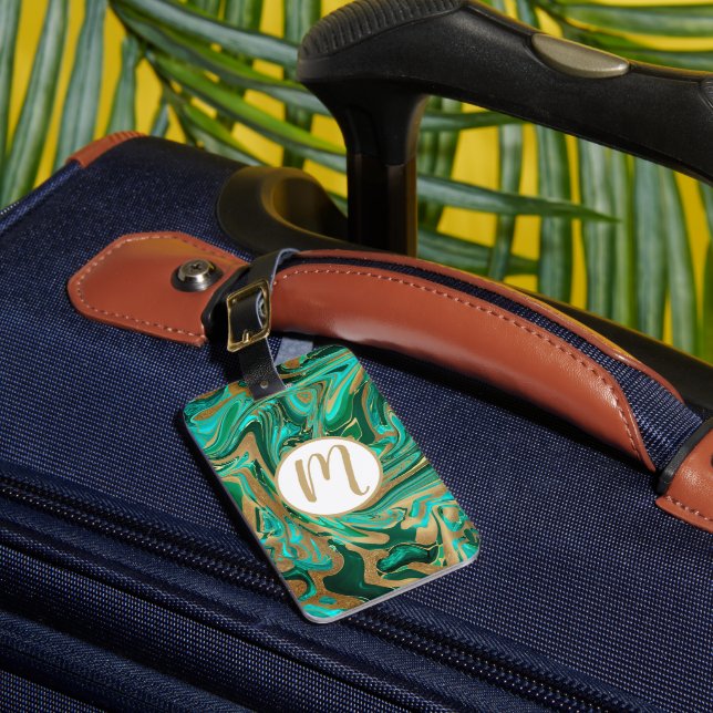 Green & Gold Liquid Marble Luggage Tag (Front Insitu 1)