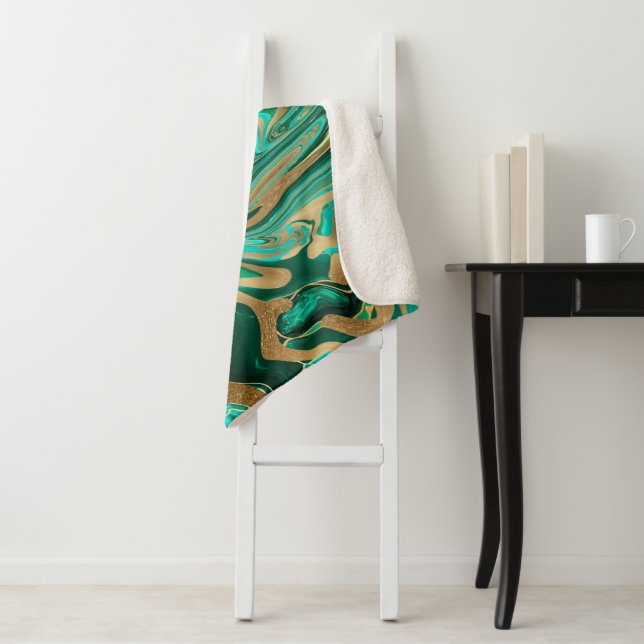 Green & Gold Liquid Marble Sherpa Blanket (In Situ)