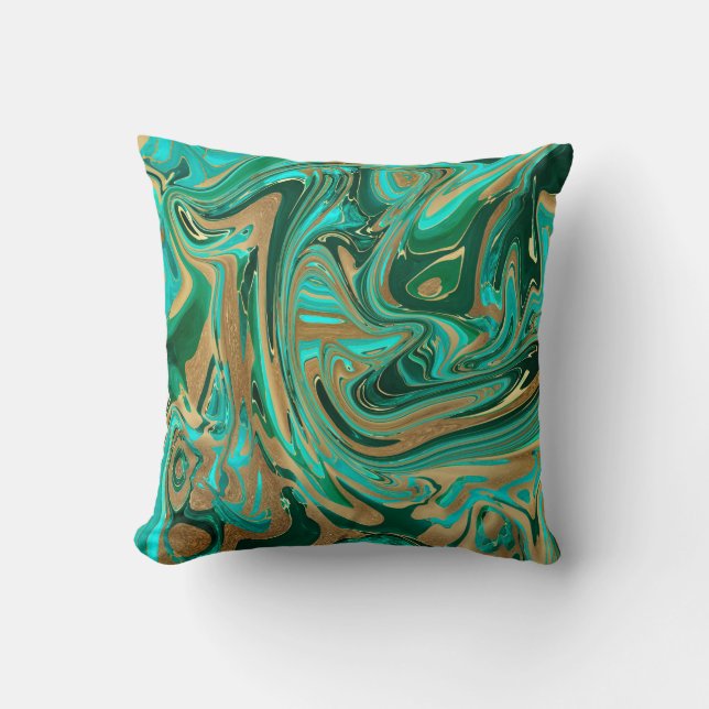Green & Gold Liquid Marble Throw Pillow (Front)