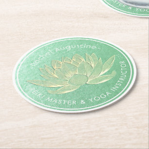 Green Gold Lotus Yoga Studio Meditation Instructor Round Paper Coaster
