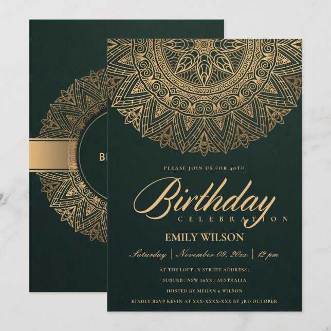 GREEN GOLD MANDALA ANY YEAR 40TH BIRTHDAY PARTY INVITATION (Front/Back)