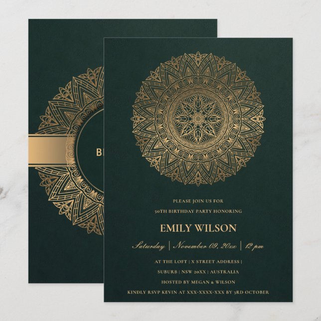 GREEN GOLD MANDALA ANY YEAR 80TH BIRTHDAY PARTY INVITATION (Front/Back)